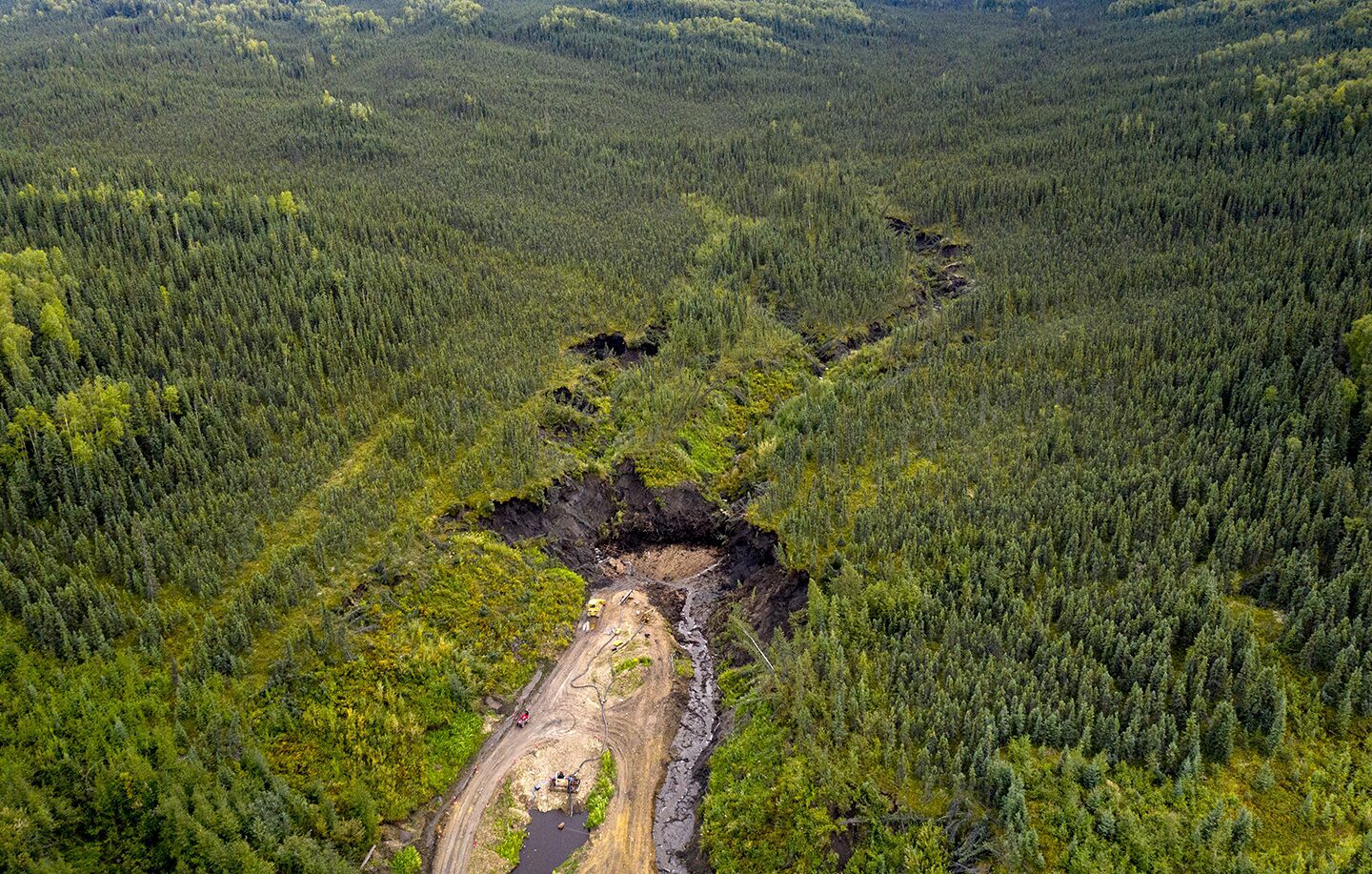Aerial photo of the Boneyard Alaska dig site north of Fairbanks Alaska USA, paleontology dig site from the Last Ice Age. This is the location for the documentary film Boneyard Alaska