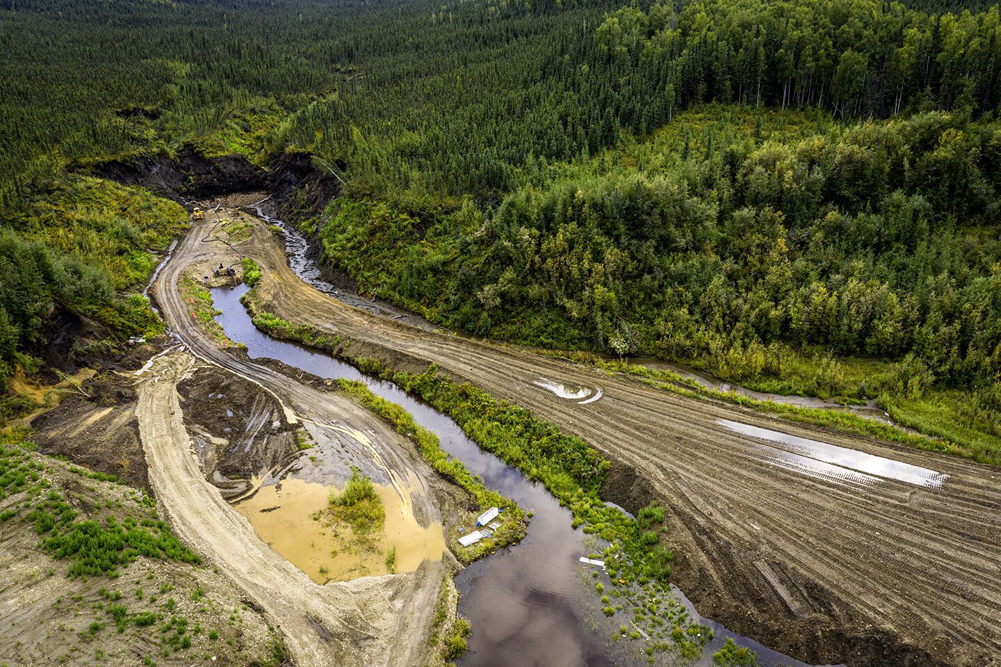 Aerial photo of the Boneyard Alaska dig site in Fairbanks Alaska during the 100 days of summer. John Reeves and Fairbanks Gold Co property and mining operation.
