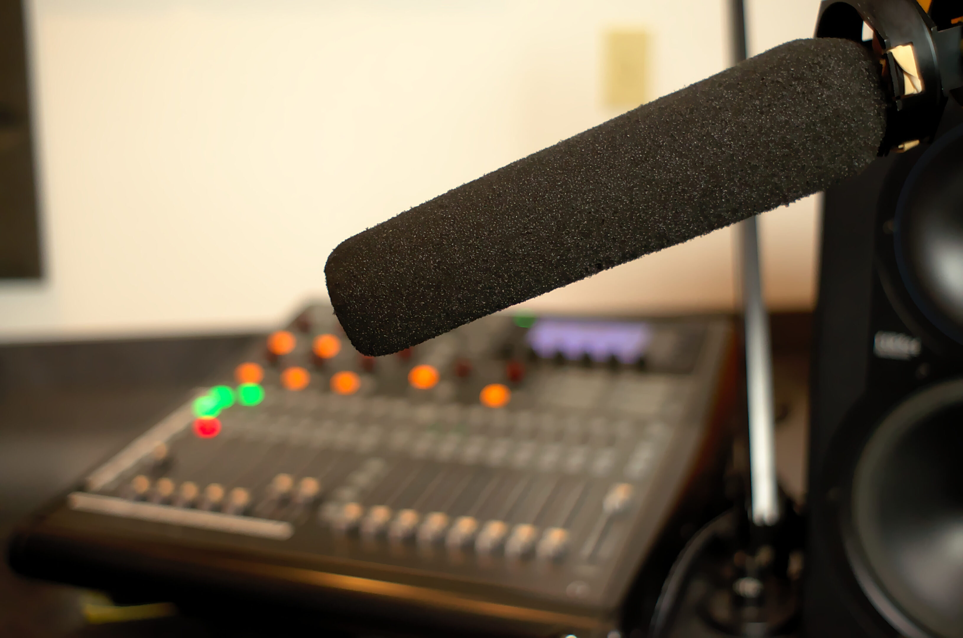 A shotgun microphone in a recording studio